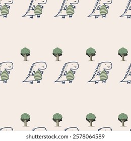 Сhildish seamless pattern with cute dinosaur, baby shower greeting card. Animal seamless background, cute vector texture for kids bedding, fabric, wallpaper, wrapping paper, textile, t-shirt print