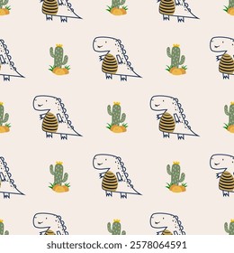 Сhildish seamless pattern with cute dinosaur, baby shower greeting card. Animal seamless background, cute vector texture for kids bedding, fabric, wallpaper, wrapping paper, textile, t-shirt print