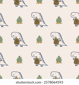 Сhildish seamless pattern with cute dinosaur, baby shower greeting card. Animal seamless background, cute vector texture for kids bedding, fabric, wallpaper, wrapping paper, textile, t-shirt print