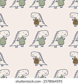 Сhildish seamless pattern with cute dinosaur, baby shower greeting card. Animal seamless background, cute vector texture for kids bedding, fabric, wallpaper, wrapping paper, textile, t-shirt print