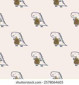 Сhildish seamless pattern with cute dinosaur, baby shower greeting card. Animal seamless background, cute vector texture for kids bedding, fabric, wallpaper, wrapping paper, textile, t-shirt print