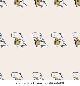 Сhildish seamless pattern with cute dinosaur, baby shower greeting card. Animal seamless background, cute vector texture for kids bedding, fabric, wallpaper, wrapping paper, textile, t-shirt print