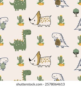 Сhildish seamless pattern with cute dinosaur, baby shower greeting card. Animal seamless background, cute vector texture for kids bedding, fabric, wallpaper, wrapping paper, textile, t-shirt print