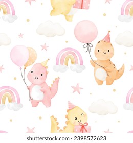 Seamless pattern cute dinosaur birthday girl For baby shower Nursery Greeting card Clothing kids Fabric print