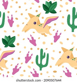 Seamless pattern of cute dinosaur with cactus and succulents for decorating the nursery, banners or textile. Flat style, isolated on a white. Vector illustration