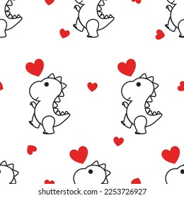Patrón sin foco con dibujos de dinosaurios lindos y corazones rojos sobre ilustración vectorial de fondo blanco. 