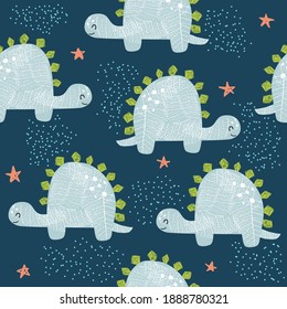 Seamless pattern with cute dinosaur. Childish print. Vector hand drawn illustration.