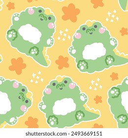 Seamless pattern of cute dinosaur doll sit with star background.Wild jurassic animal character cartoon design.Image for card,poster,baby clothing.Kawaii.Vector.Illustration.