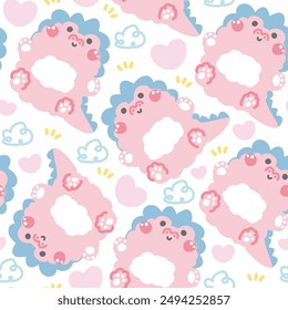 Seamless pattern of cute dinosaur doll sit with heart and cloud background.Wild jurassic animal character cartoon design.Image for card,poster,baby clothing.Kawaii.Vector.Illustration.