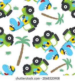 Seamless pattern of cute dinosaur driving a car go to forest funny animal cartoon. Creative vector childish background for fabric textile, nursery wallpaper, poster, brochure. and other decoration.