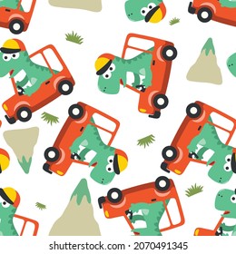 Motif harmonieux de dinosaure mignon conduisant une voiture va dans la forêt drôles de dessins animés. Image vectorielle créative arrière-plan enfantin pour tissu, fond d'écran en pépinière, affiche, brochure. et autres décorations.
