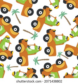 Seamless pattern of cute dinosaur driving a car go to forest funny animal cartoon. Creative vector childish background for fabric textile, nursery wallpaper, poster, brochure. and other decoration.