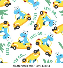 Nahtlose Muster süßer Dinosaurier, die ein Auto fahren, gehen in den Wald lustige Tierkarikaturen. Kreative Vektorgrafik, kinetischer Hintergrund für Textilien, Tapete aus Baumschulen, Poster, Broschüre. und andere Dekoration.