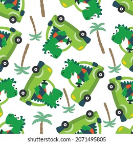 Seamless pattern of cute dinosaur driving a car go to forest funny animal cartoon. Creative vector childish background for fabric textile, nursery wallpaper, poster, brochure. and other decoration.