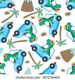 Seamless pattern of cute dinosaur driving a car go to forest funny animal cartoon. Creative vector childish background for fabric textile, nursery wallpaper, poster, brochure. and other decoration.
