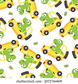 Seamless pattern of cute dinosaur driving a car go to forest funny animal cartoon. Creative vector childish background for fabric textile, nursery wallpaper, poster, brochure. and other decoration.