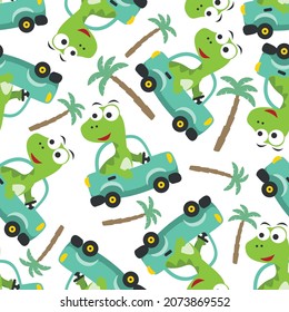 Seamless pattern of cute dinosaur driving a car go to forest funny animal cartoon. Creative vector childish background for fabric textile, nursery wallpaper, poster, brochure. and other decoration.