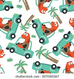Patrón sin foco de un lindo dinosaurio conduciendo un auto va a la caricatura de animales divertidos del bosque. Antecedentes infantiles vectoriales creativos para tela textil, papel tapiz de vivero, afiche, folleto. y otra decoración.