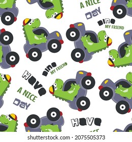 Seamless pattern of cute dinosaur driving a car go to forest funny animal cartoon. Creative vector childish background for fabric textile, nursery wallpaper, poster, brochure. and other decoration.