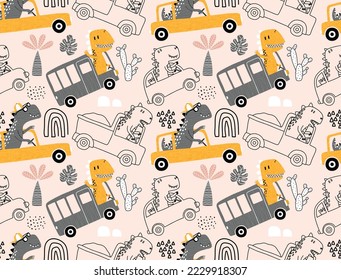 seamless pattern with cute dinosaur driving cars.