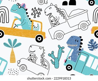 seamless pattern with cute dinosaur driving cars.