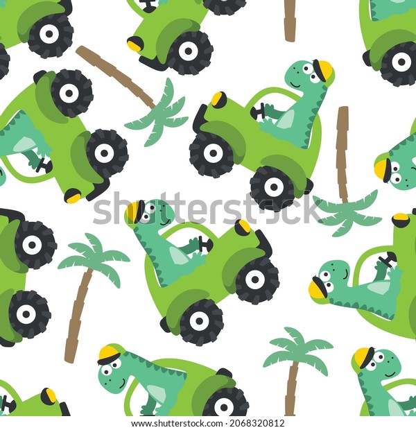 Seamless pattern of cute dinosaur driving a\
car go to forest funny animal cartoon. Creative vector childish\
background for fabric textile, nursery wallpaper, poster, brochure.\
and other decoration.