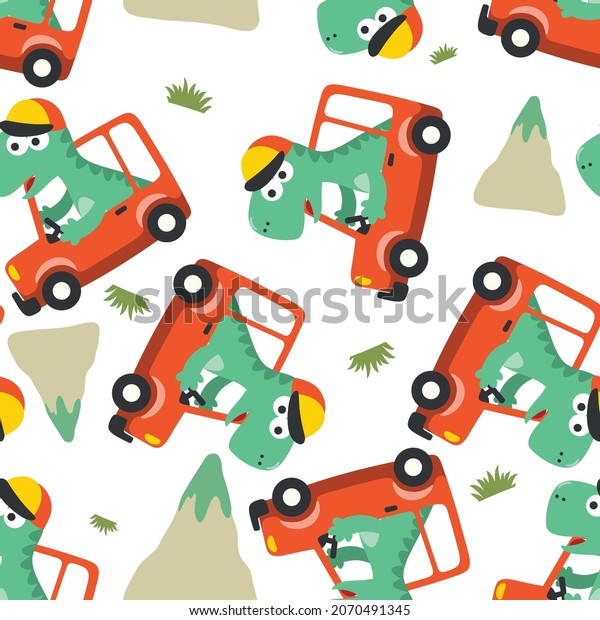 Seamless pattern of cute dinosaur driving a\
car go to forest funny animal cartoon. Creative vector childish\
background for fabric textile, nursery wallpaper, poster, brochure.\
and other decoration.