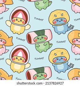 Seamless pattern of cute dinosaur in japanese dessert costume background.Daifuku,melonpan,sakura mochi,taiyaki hand drawn.Animal character design.Kawaii.Vector.Illustration.