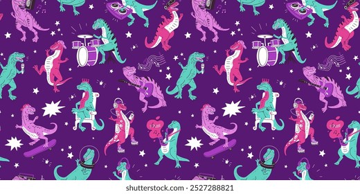 Seamless pattern with cute dinosaur listening music, playing saxophone, electric guitar and drums. Cartoon vector funny crocodile playing Dj music, dancing and singing. Music animal entertainment