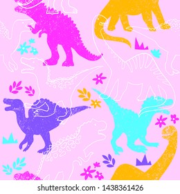 Seamless pattern with cute dinosaur on pink background. Print for little girl