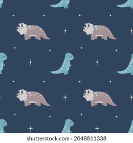 Seamless pattern with cute dinosaur on starry space background. Perfect for wrapping paper, posters, fabric and other design.