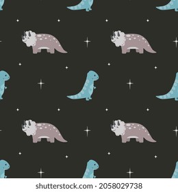 Seamless pattern with cute dinosaur on starry space background. Perfect for wrapping paper, posters, fabric and other design.