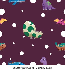 Seamless pattern of cute dinosaur on a purple background. Vector illustration.