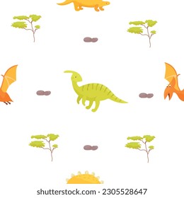 Seamless pattern of cute dinosaur on a white background. Vector illustration.