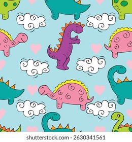  Seamless pattern with cute dinosaur on blue background.