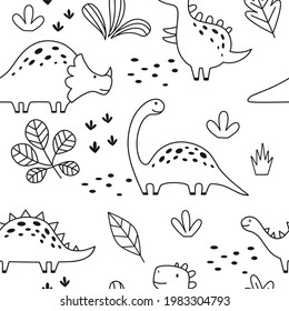Seamless pattern with cute dinosaur in outline sketchy style. Funny cartoon dino. Hand drawn vector doodle for kids