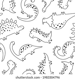 Seamless pattern with cute dinosaur in outline sketchy style. Funny cartoon dino. Hand drawn vector doodle for kids