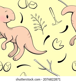 Seamless pattern with cute dinosaur. Parasaurolophus in kawaii style. Vector
