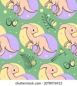 Seamless pattern with cute dinosaur. Parasaurolophus in kawaii style. Vector