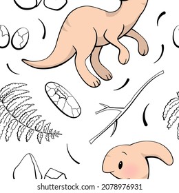 Seamless pattern with cute dinosaur. Parasaurolophus in kawaii style. Vector
