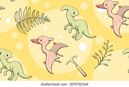 Seamless pattern with cute dinosaur. Parasaurolophus and pterodactyl in kawaii style. Vector