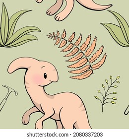 Seamless pattern with cute dinosaur. Parasaurolophus in kawaii style. Vector