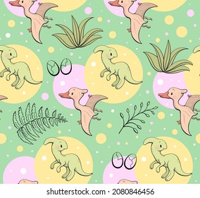 Seamless pattern with cute dinosaur. Parasaurolophus and pterodactyl in kawaii style. Vector