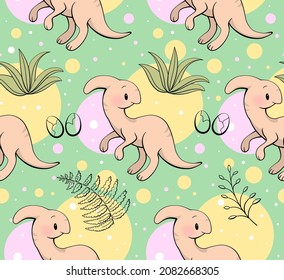 Seamless pattern with cute dinosaur. Parasaurolophus in kawaii style. Vector