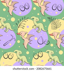 Seamless pattern with cute dinosaur. Parasaurolophus and pterodactyl in kawaii style. Vector