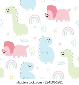 Seamless pattern of cute dinosaur in pastel color on white background.Animal character cartoon design.Doodle style.Image for card,poster,baby clothing.Kawaii.Vector.Illustration.