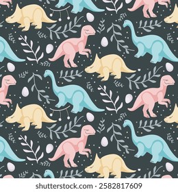 Seamless pattern with cute dinosaur in pastel colors. Ideal for kids' textiles and decor.