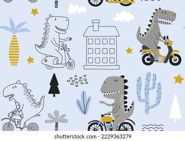 Seamless pattern with Cute dinosaur riding a motorbike.