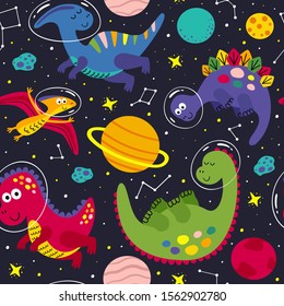 seamless pattern  with a cute dinosaur in space    - vector illustration, eps    