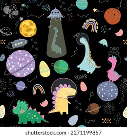 seamless pattern with a cute dinosaur in space - vector illustration, eps